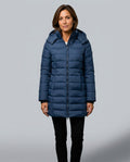 Freyja Longline Quilted Puffer Coat with Attached Hood in Blue