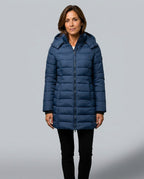 Freyja Longline Quilted Puffer Coat with Attached Hood in Blue