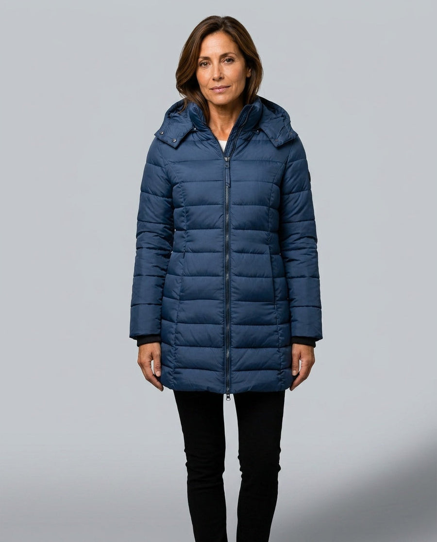 Freyja Quilted Puffer Coat with Hood in Navy