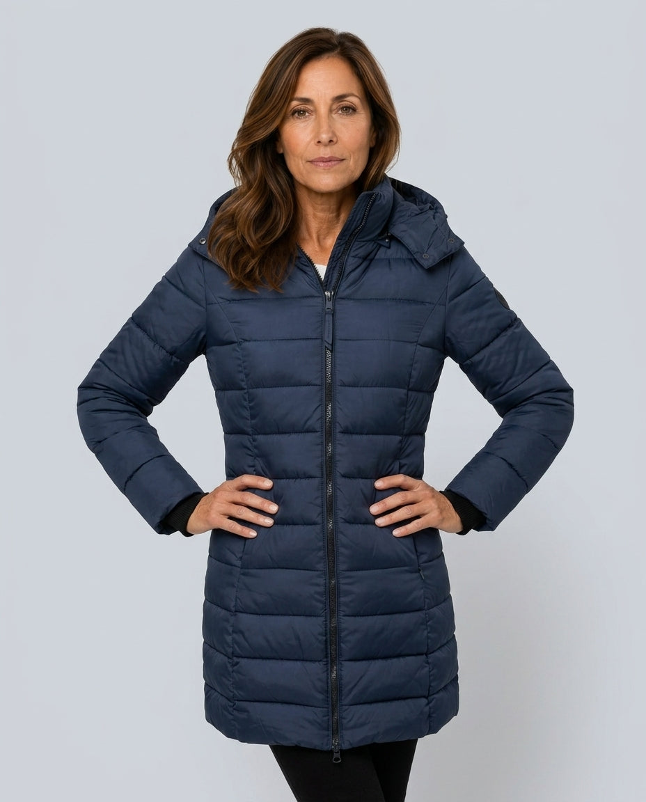Freyja Longline Quilted Puffer Coat with Attached Hood in Blue