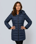 Freyja Longline Quilted Puffer Coat with Attached Hood in Blue
