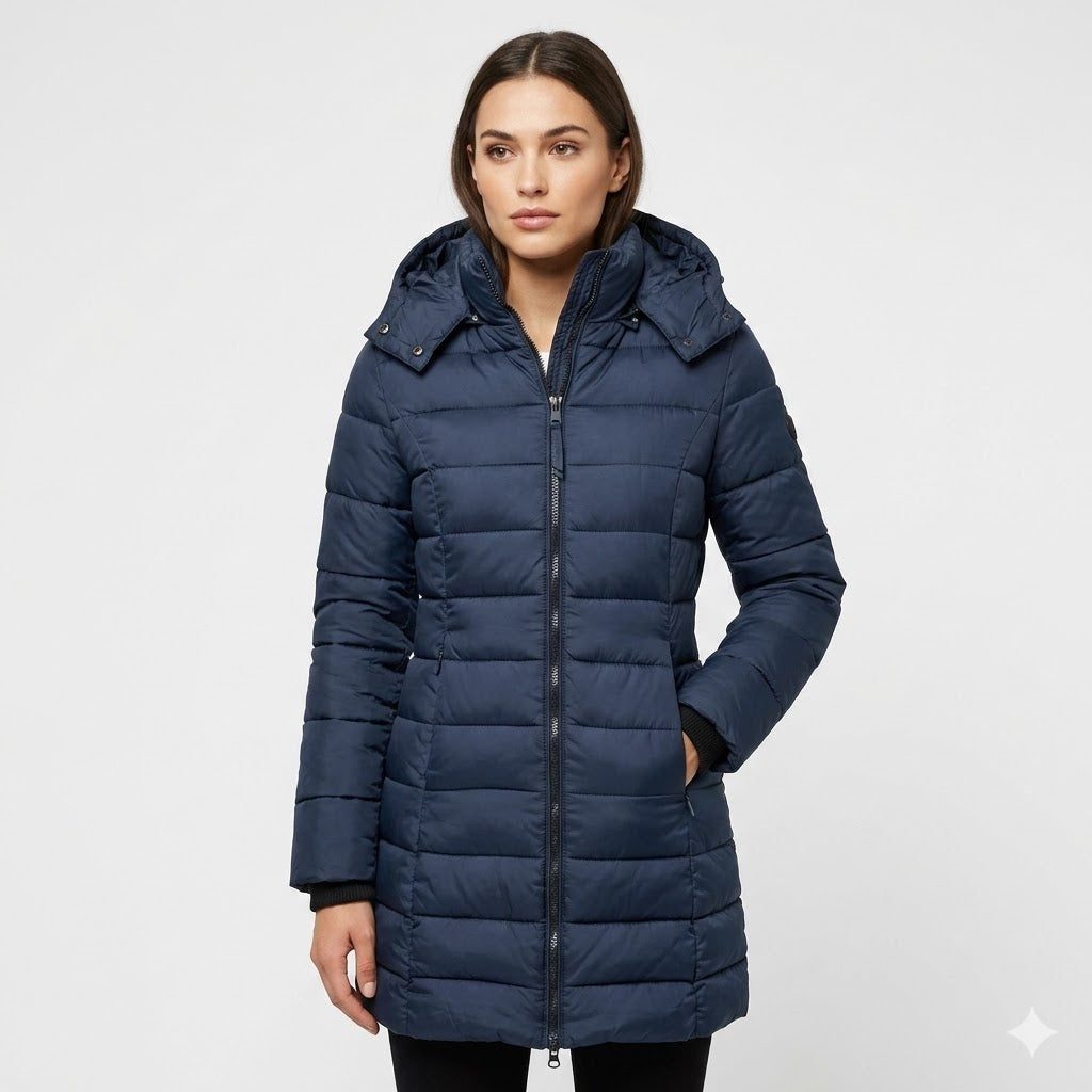 Freyja Longline Quilted Puffer Coat with Attached Hood in Blue