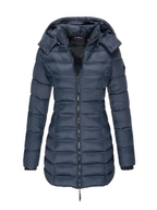 Freyja Longline Quilted Puffer Coat with Attached Hood in Blue