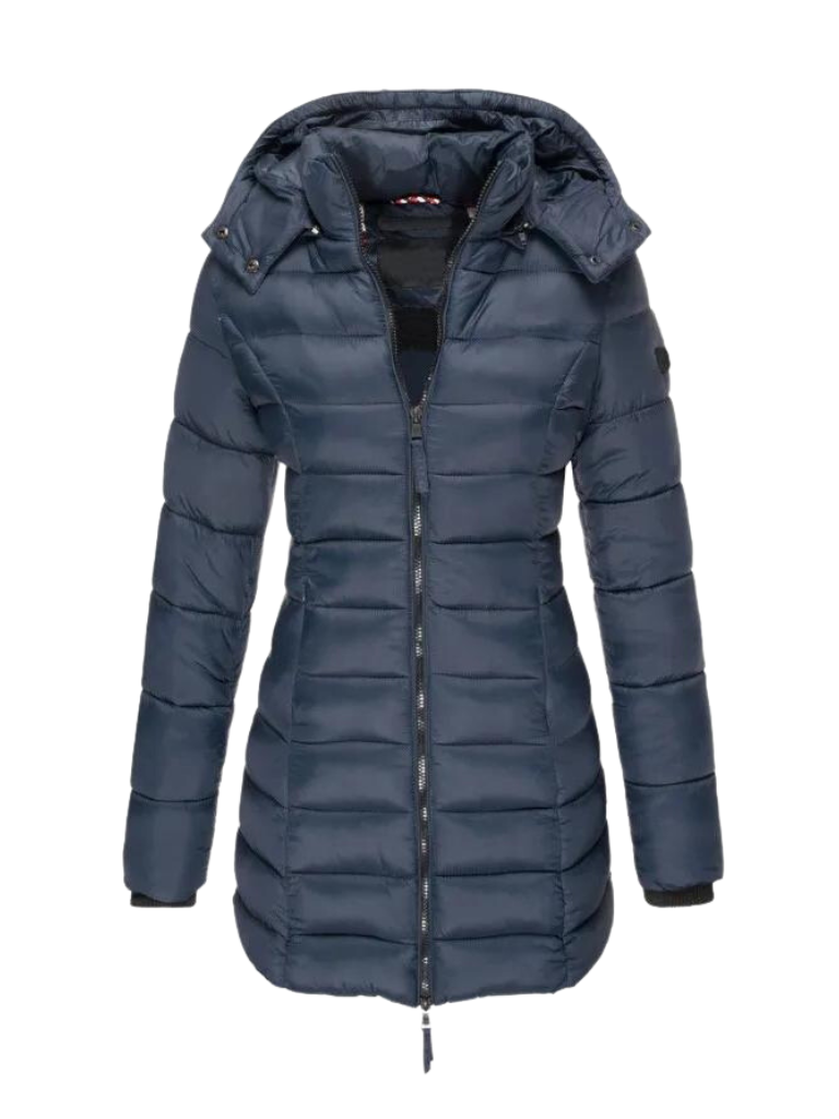 Freyja Longline Quilted Puffer Coat with Attached Hood in Blue