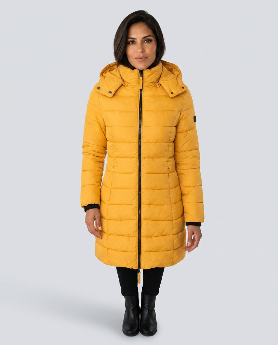 Freyja Longline Quilted Puffer Coat with Attached Hood in Blue