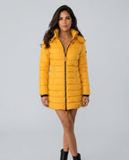 Freyja Longline Quilted Puffer Coat with Attached Hood in Yellow