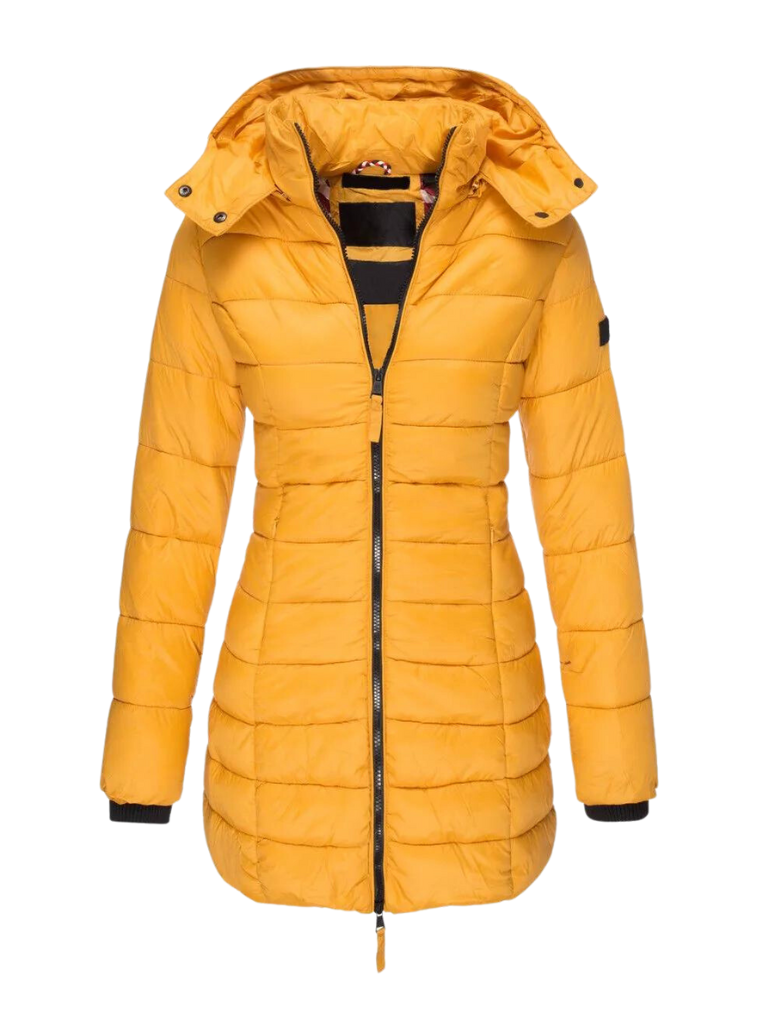 Freyja Longline Quilted Puffer Coat with Attached Hood in Yellow