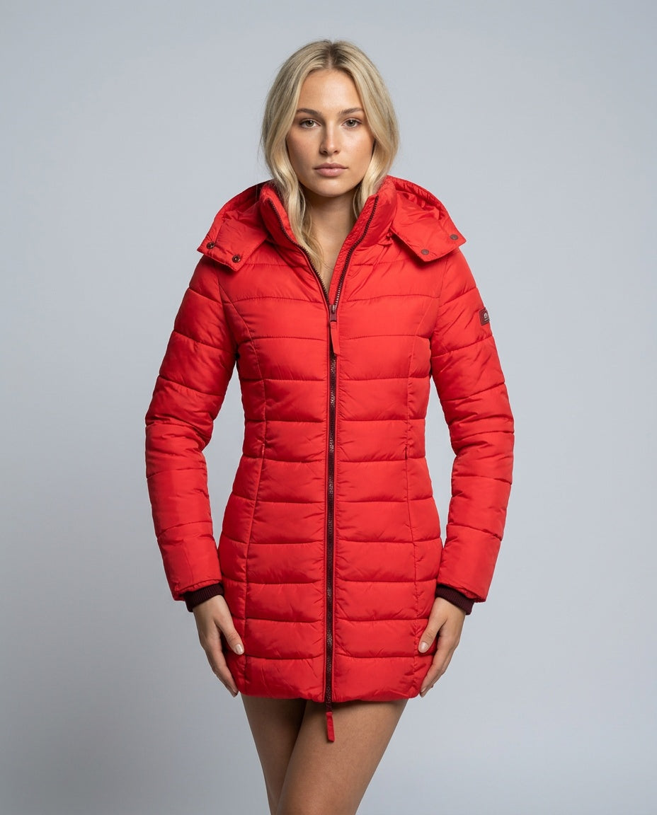Freyja Longline Quilted Puffer Coat with Attached Hood in Red