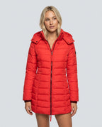 Freyja Longline Quilted Puffer Coat with Attached Hood in Red
