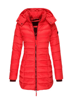 Freyja Longline Quilted Puffer Coat with Attached Hood in Red