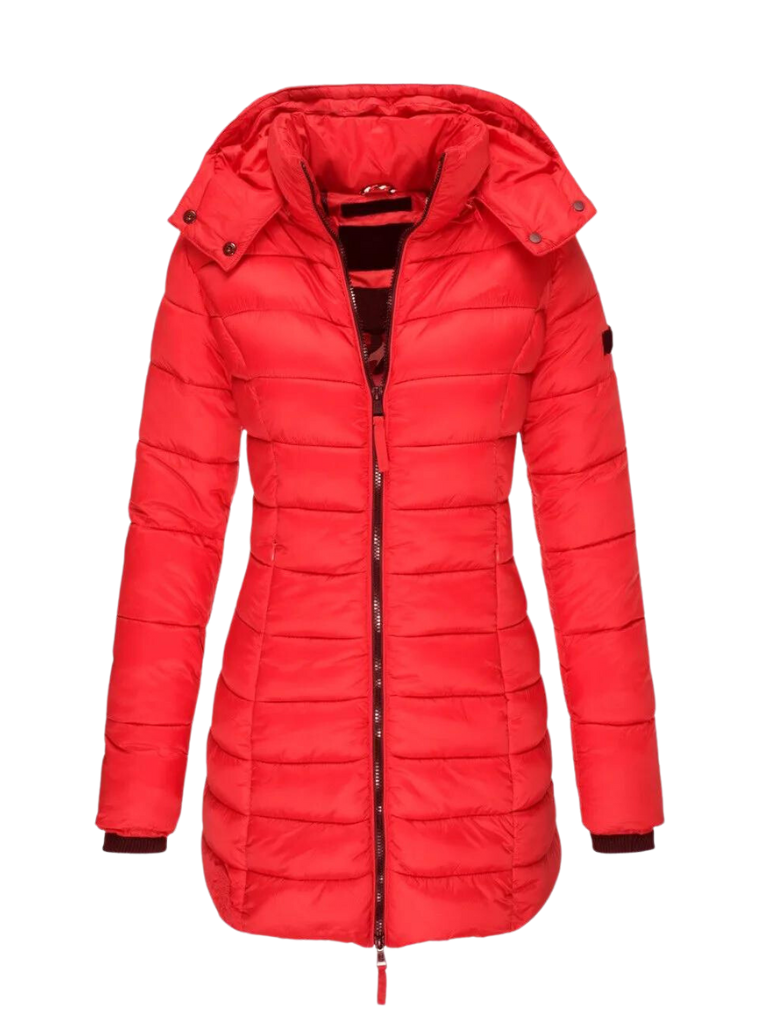Freyja Longline Quilted Puffer Coat with Attached Hood in Red