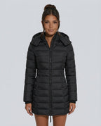 Freyja Longline Quilted Puffer Coat with Attached Hood in Red