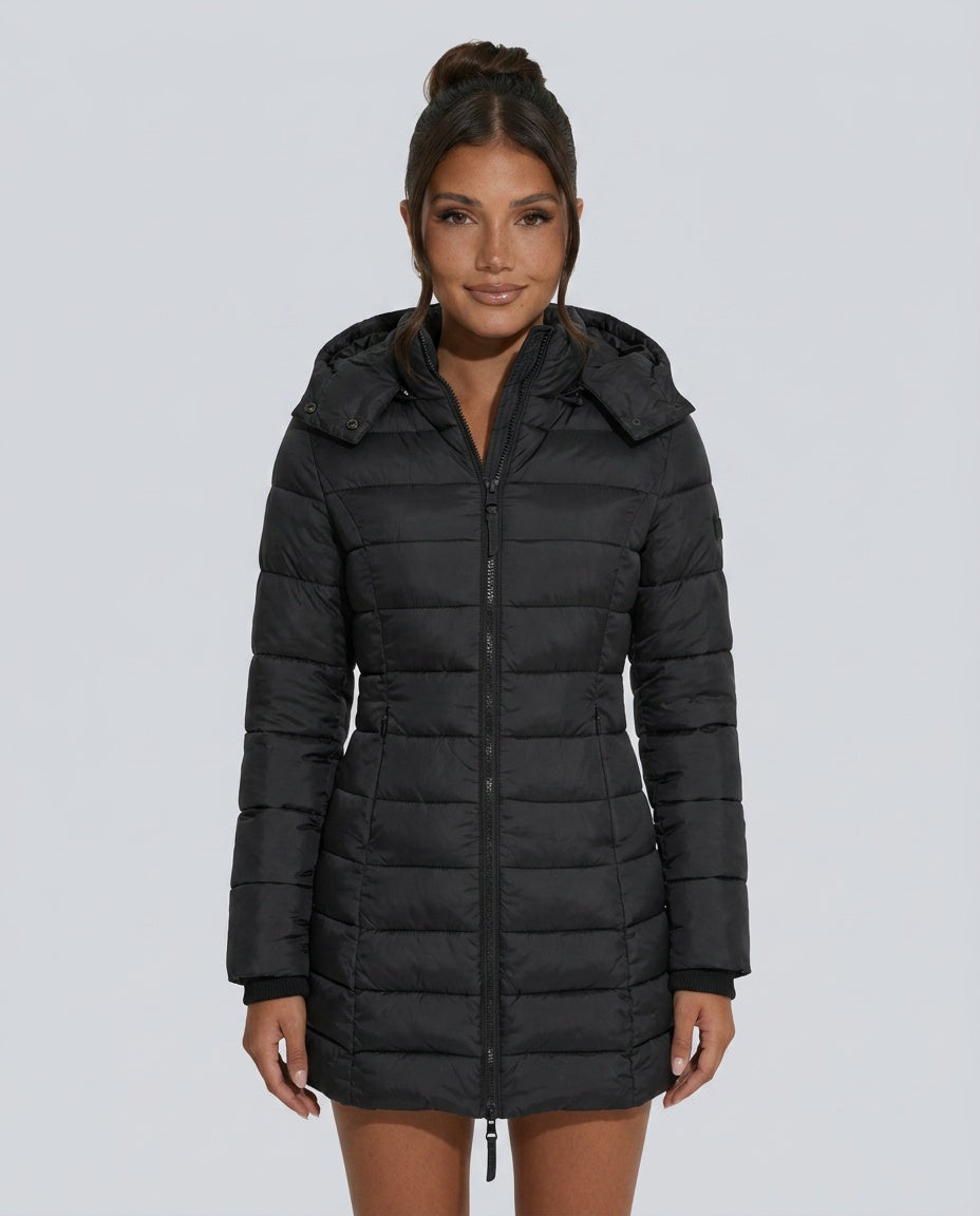 Freyja Longline Quilted Puffer Coat with Attached Hood in Red