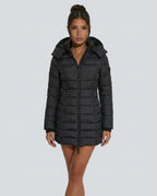 Freyja Longline Quilted Puffer Coat with Attached Hood in Black