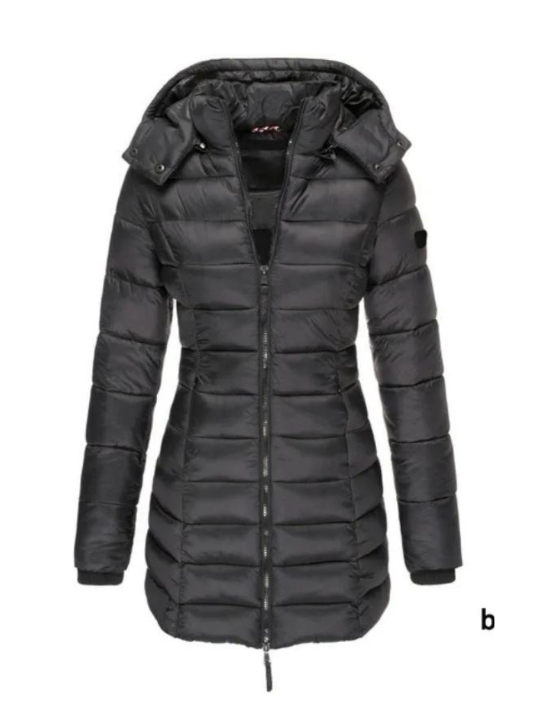 Freyja Longline Quilted Puffer Coat with Attached Hood in Black