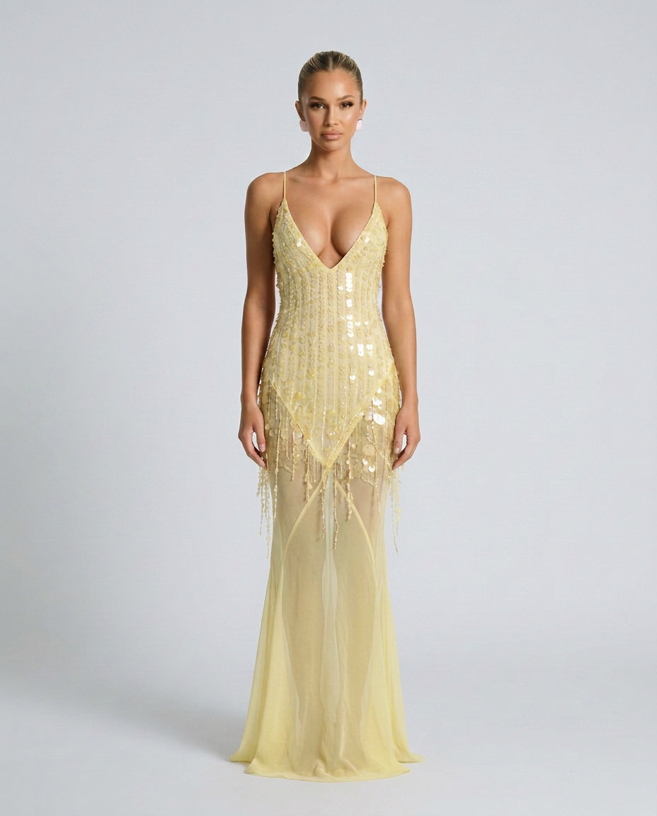 Goldie V Neck Sequin Maxi Dress with Crisscross Back in Yellow