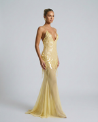 Goldie V Neck Sequin Maxi Dress with Crisscross Back in Yellow