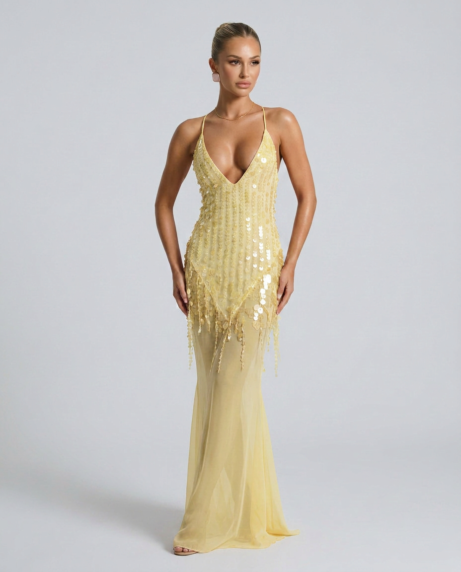 Goldie V Neck Sequin Maxi Dress with Crisscross Back in Yellow