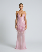 Goldie V Neck Sequin Maxi Dress with Crisscross Back in Pink