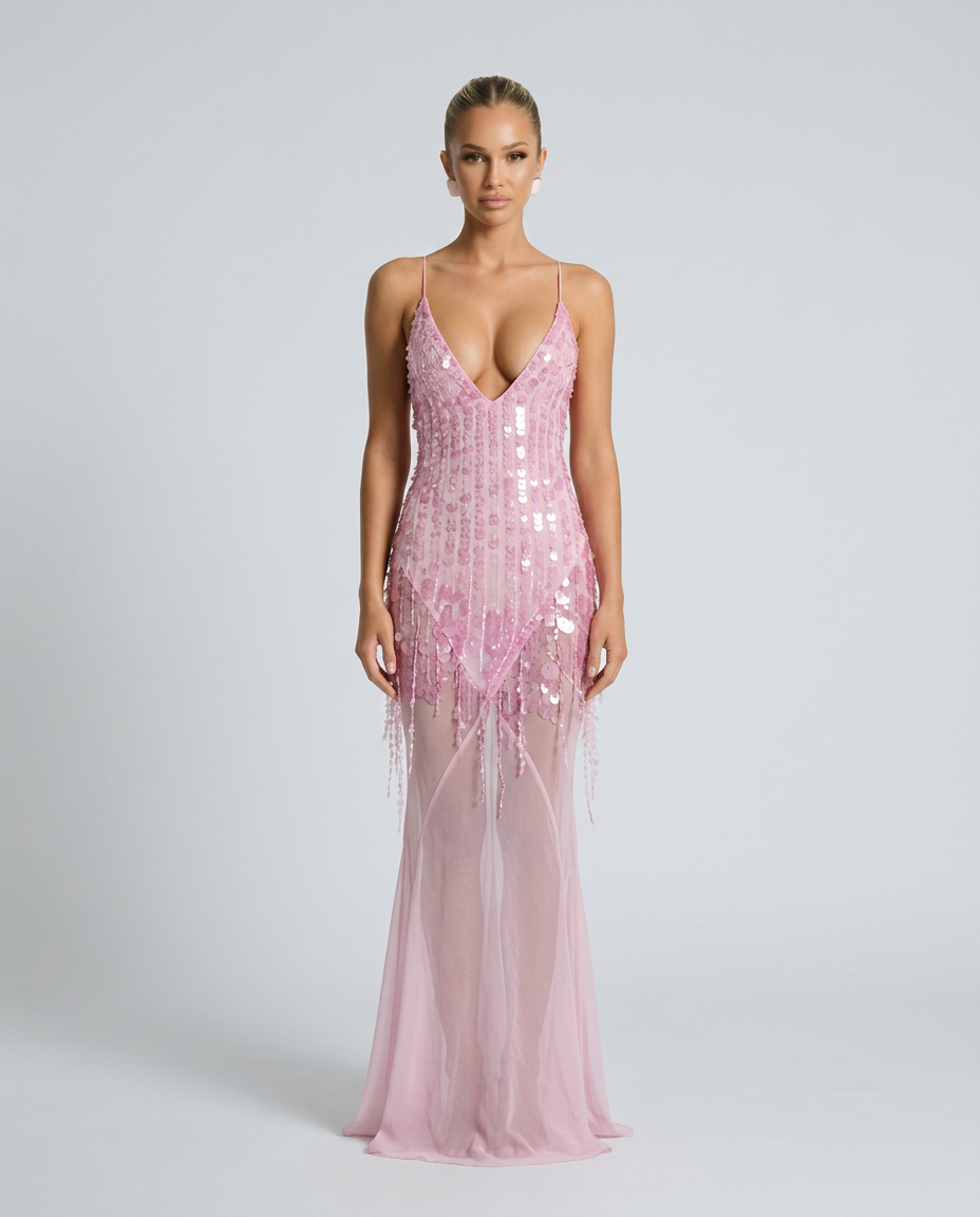 Goldie V Neck Sequin Maxi Dress with Crisscross Back in Pink