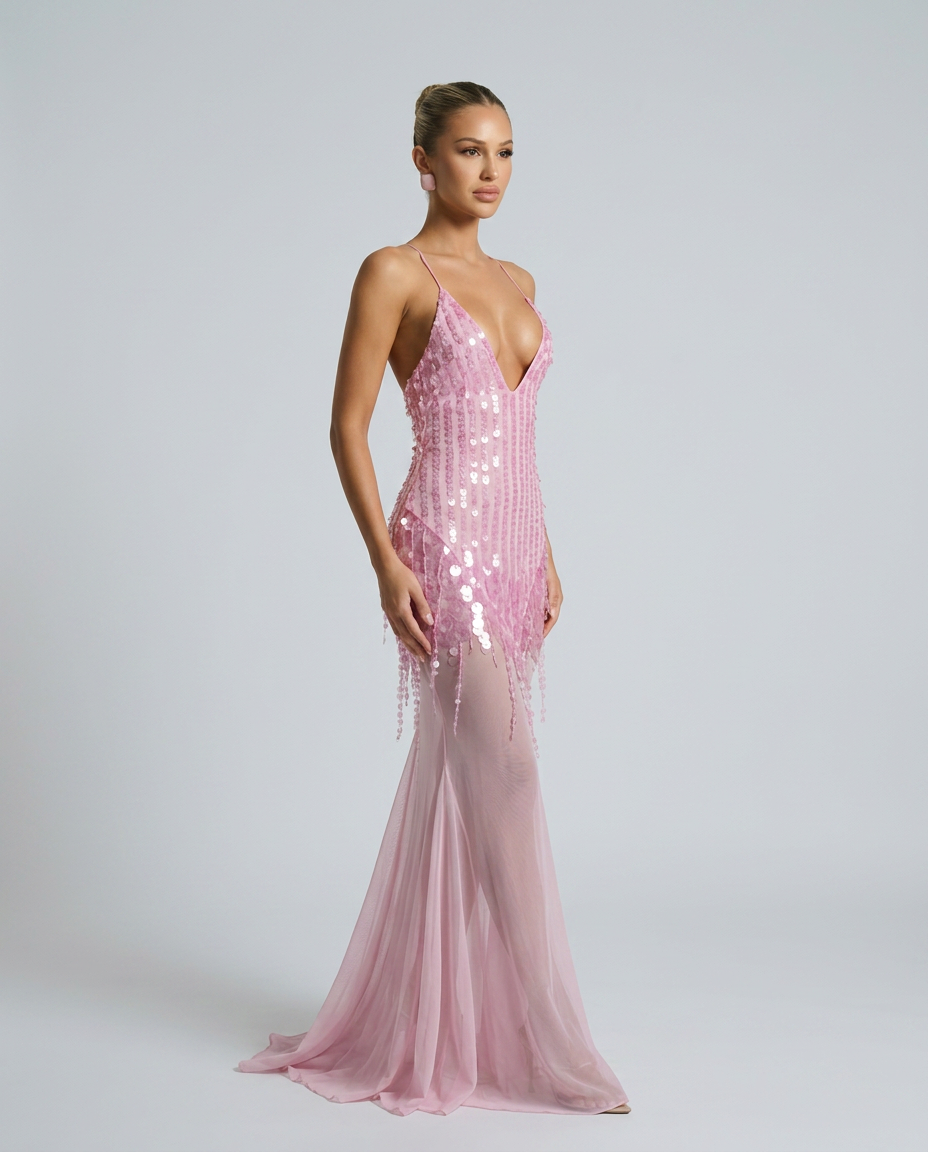 Goldie V Neck Sequin Maxi Dress with Crisscross Back in Pink