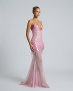 Goldie V Neck Sequin Maxi Dress with Crisscross Back in Pink