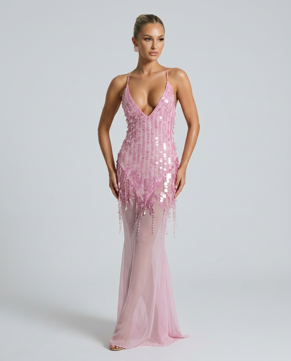 Goldie V Neck Sequin Maxi Dress with Crisscross Back in Pink