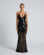 Goldie V Neck Sequin Maxi Dress with Crisscross Back in Black