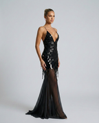 Goldie V Neck Sequin Maxi Dress with Crisscross Back in Black