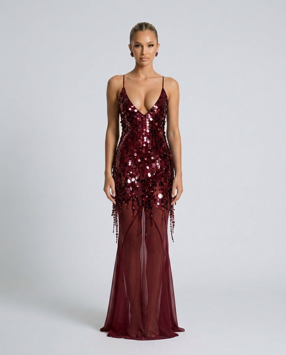 Goldie V Neck Sequin Maxi Dress with Crisscross Back in Wine Red