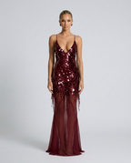 Goldie V Neck Sequin Maxi Dress with Crisscross Back in Wine Red