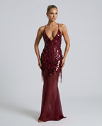 Goldie V Neck Sequin Maxi Dress with Crisscross Back in Wine Red