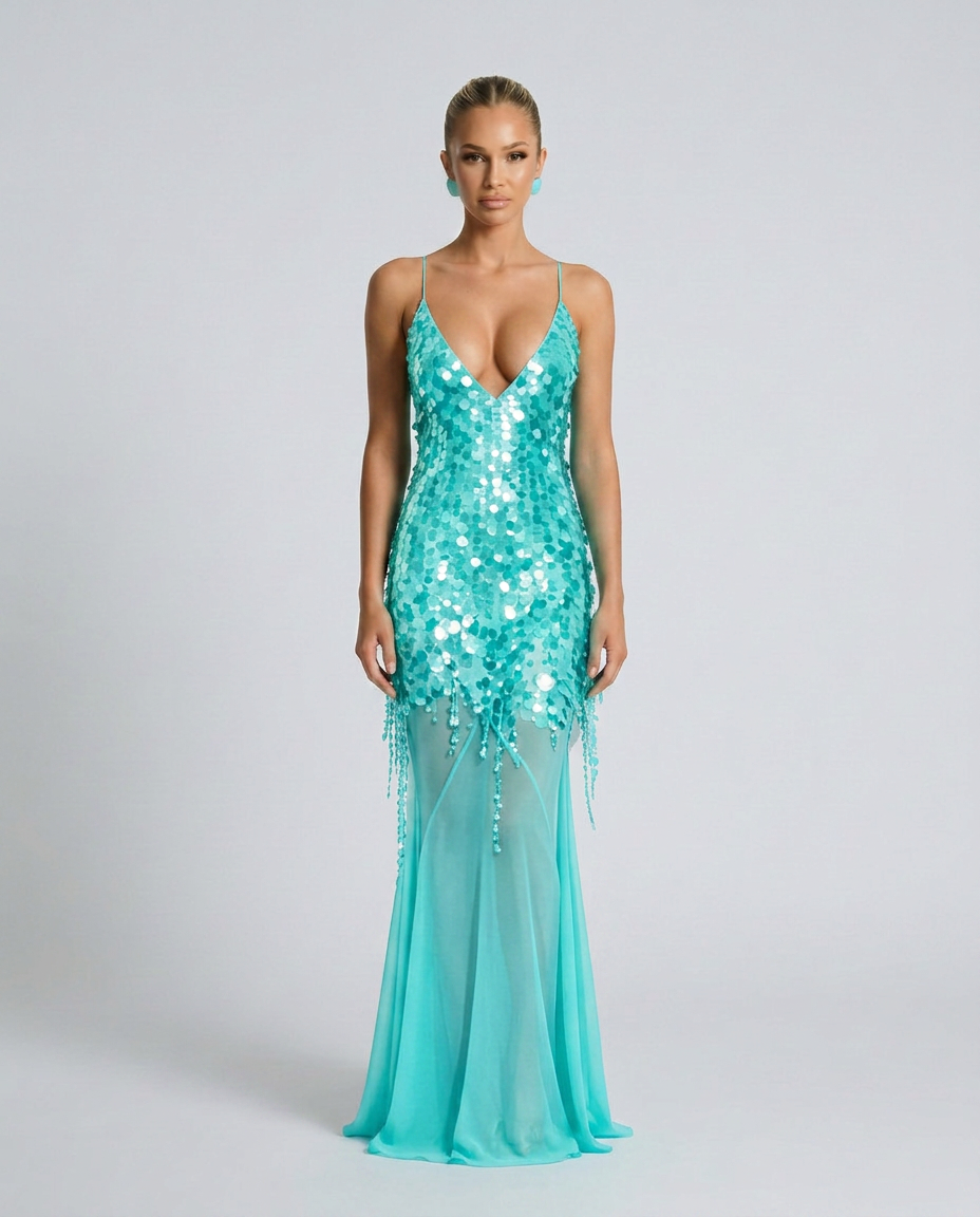 Goldie V Neck Sequin Maxi Dress with Crisscross Back in Turquoise