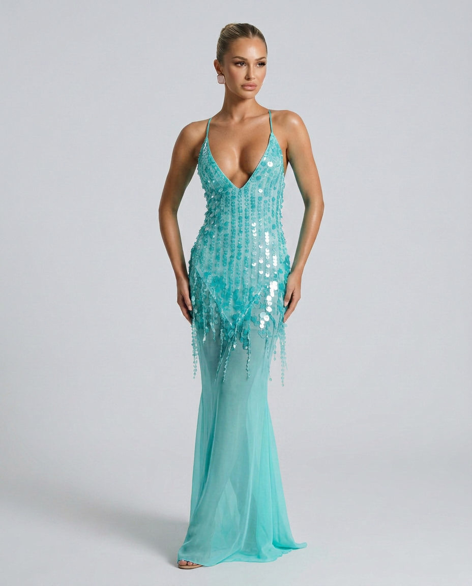 Goldie V Neck Sequin Maxi Dress with Crisscross Back in Turquoise