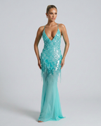 Goldie V Neck Sequin Maxi Dress with Crisscross Back in Turquoise