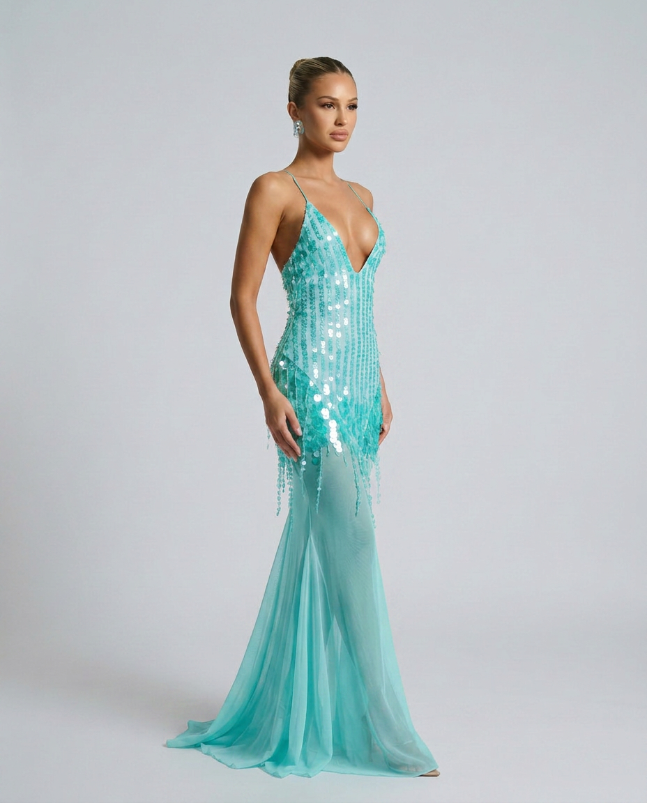 Goldie V Neck Sequin Maxi Dress with Crisscross Back in Turquoise