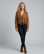 Hadley Cropped Faux Suede Jacket with Fringe Trim in Brown