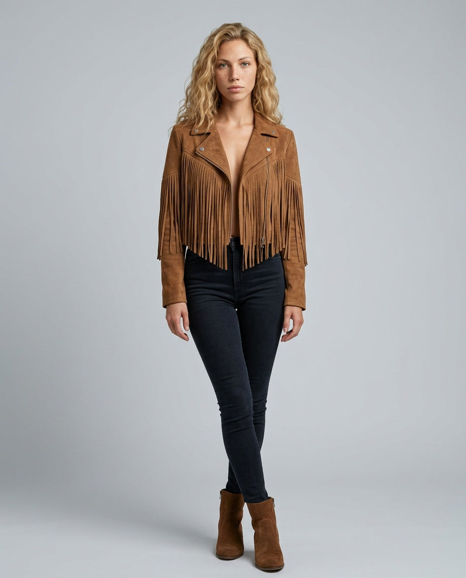 Hadley Cropped Faux Suede Jacket with Fringe Trim in Brown
