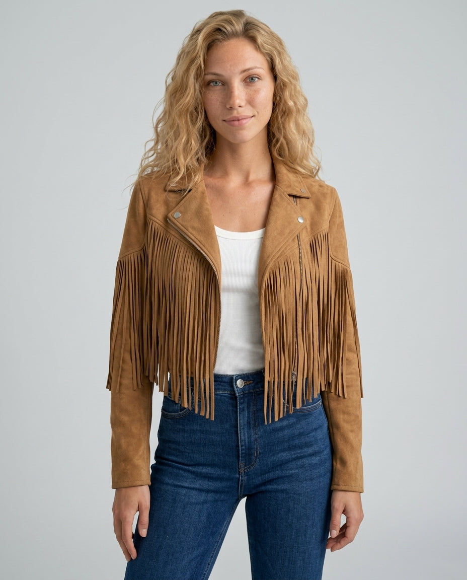 Hadley Cropped Faux Suede Jacket with Fringe Trim in Brown