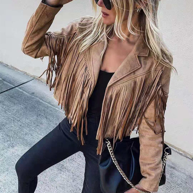 Hadley Cropped Faux Suede Jacket with Fringe Trim in Brown