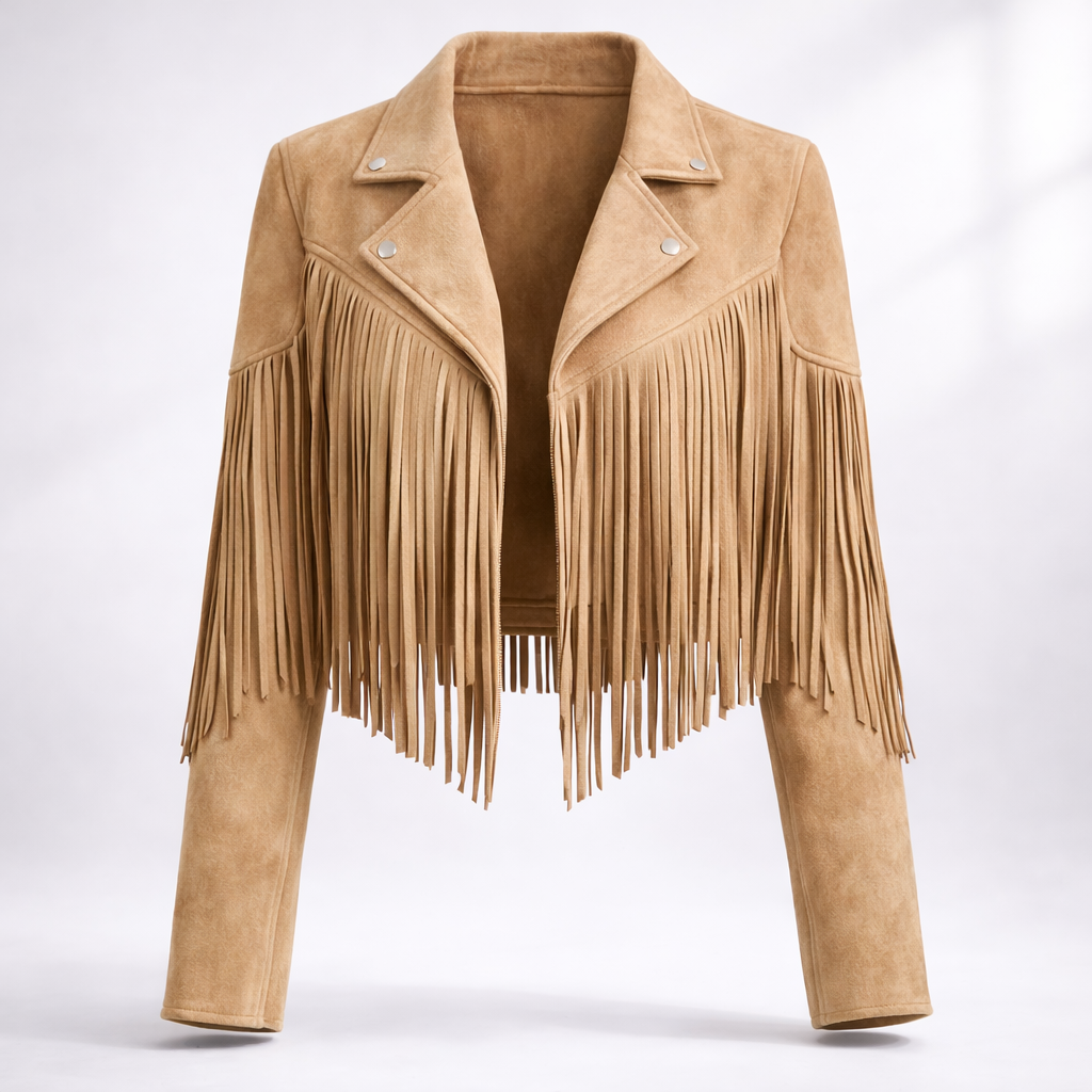 Hadley Cropped Faux Suede Jacket with Fringe Trim in Brown
