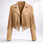 Hadley Cropped Faux Suede Jacket with Fringe Trim in Brown