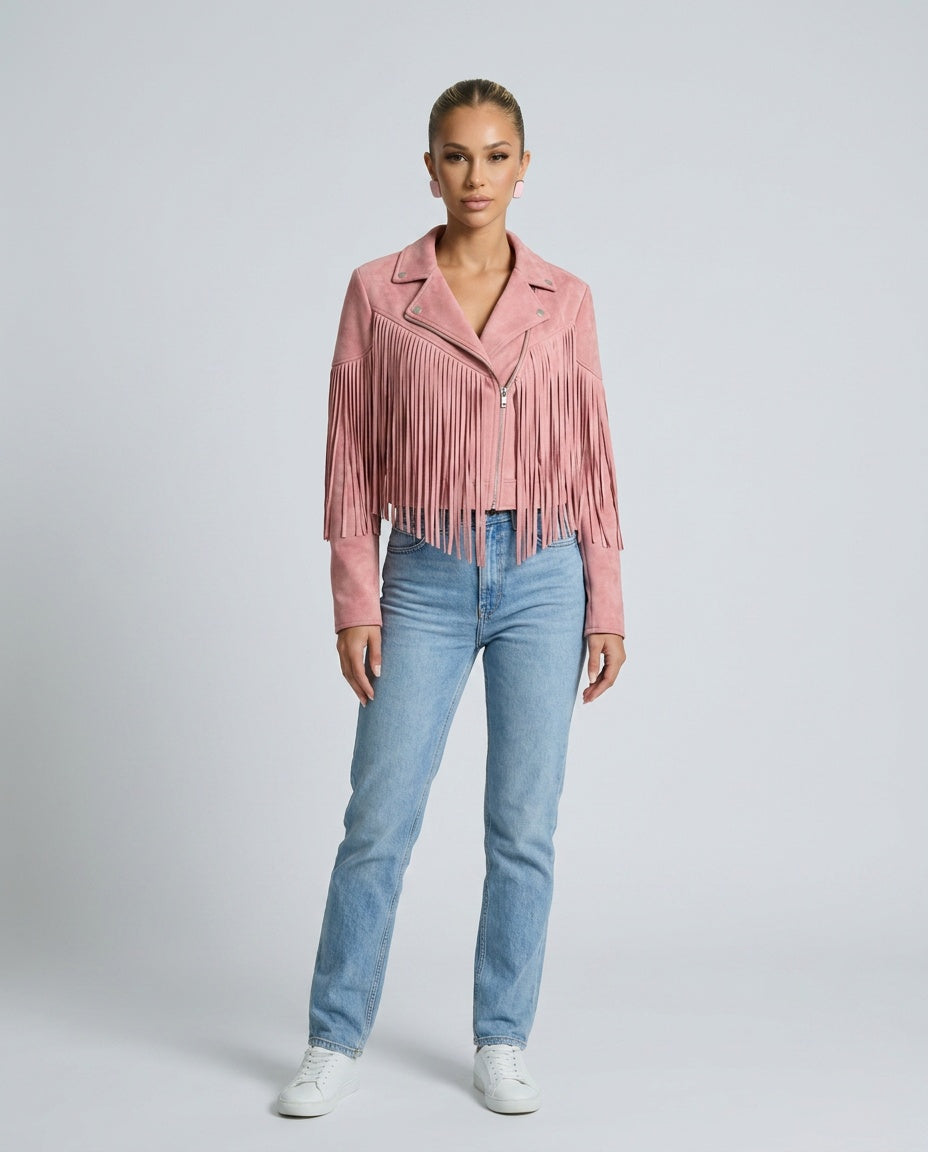 Hadley Cropped Faux Suede Jacket with Fringe Trim in Pink