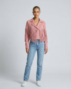Hadley Cropped Faux Suede Jacket with Fringe Trim in Pink