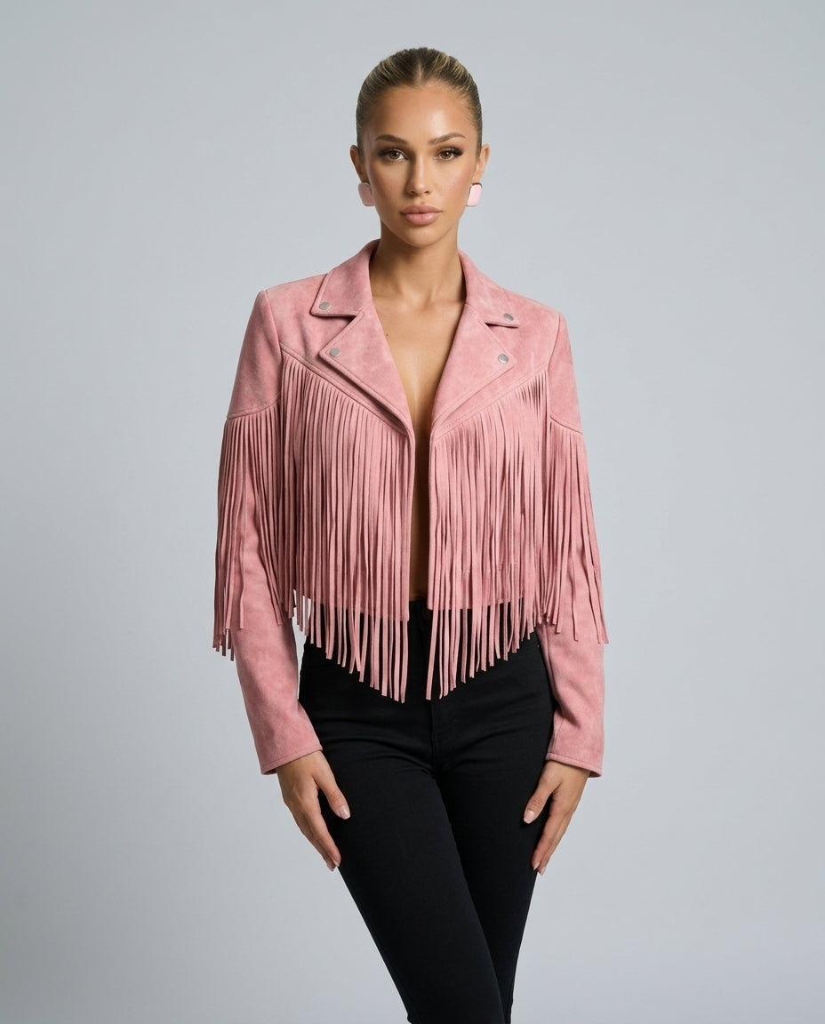 Hadley Cropped Faux Suede Jacket with Fringe Trim in Pink