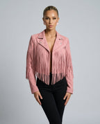 Hadley Cropped Faux Suede Jacket with Fringe Trim in Pink