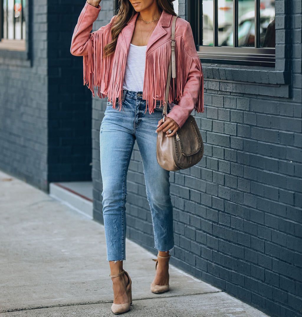 Hadley Cropped Faux Suede Jacket with Fringe Trim in Pink