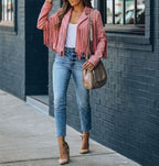 Hadley Cropped Faux Suede Jacket with Fringe Trim in Pink