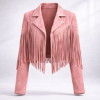 Hadley Cropped Faux Suede Jacket with Fringe Trim in Pink