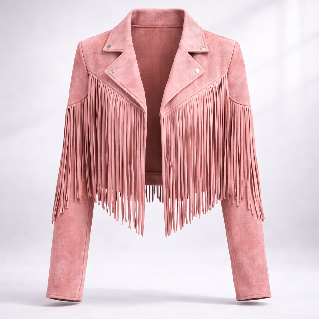 Hadley Cropped Faux Suede Jacket with Fringe Trim in Pink